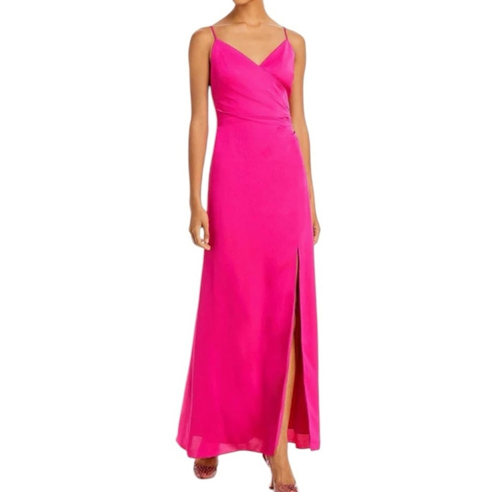 NWT AQUA Faux Wrap Spaghetti Strap V-Neck Tie Back Split Hem Lined Dress…